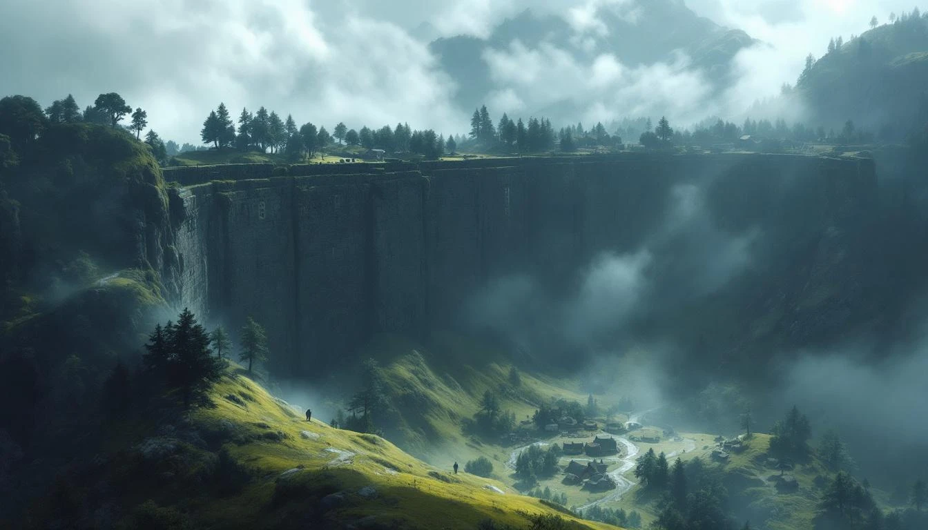 Oldwall, a settlement beneath a vast cliff