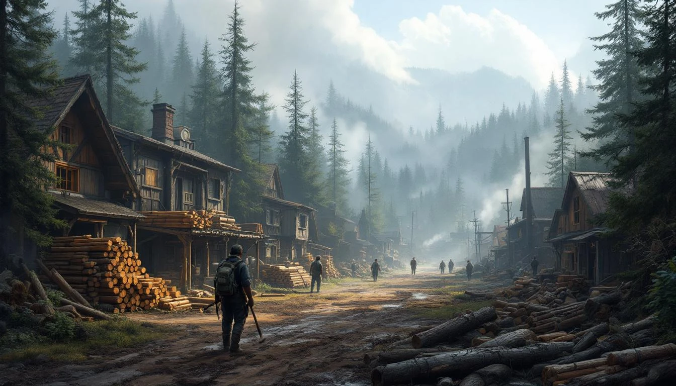 Timberfall, a logging town in the mountains