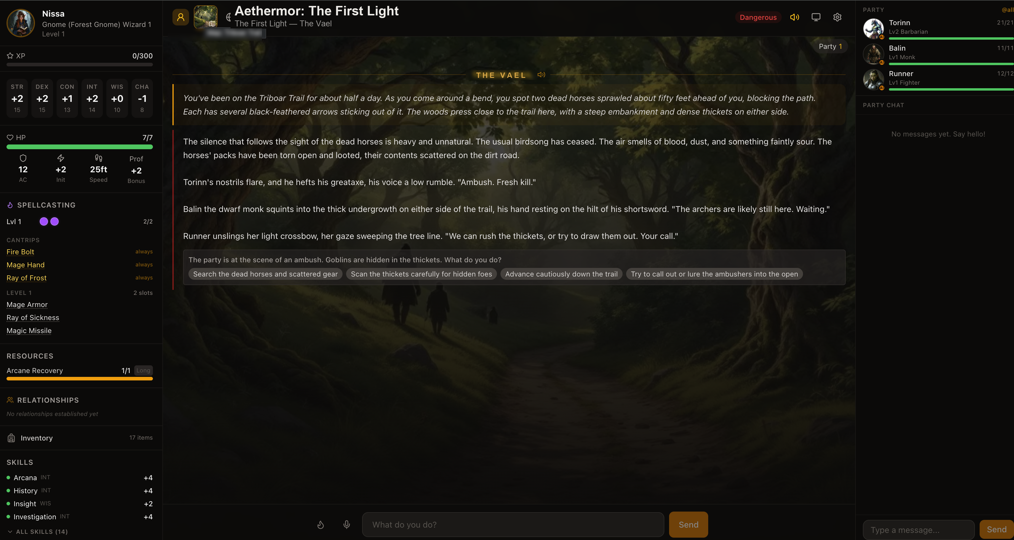 Stark's Dungeon play screen showing scene narration and suggested actions